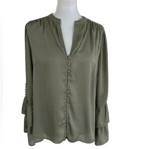 Soft Surroundings button front ruffle long sleeve top blouse